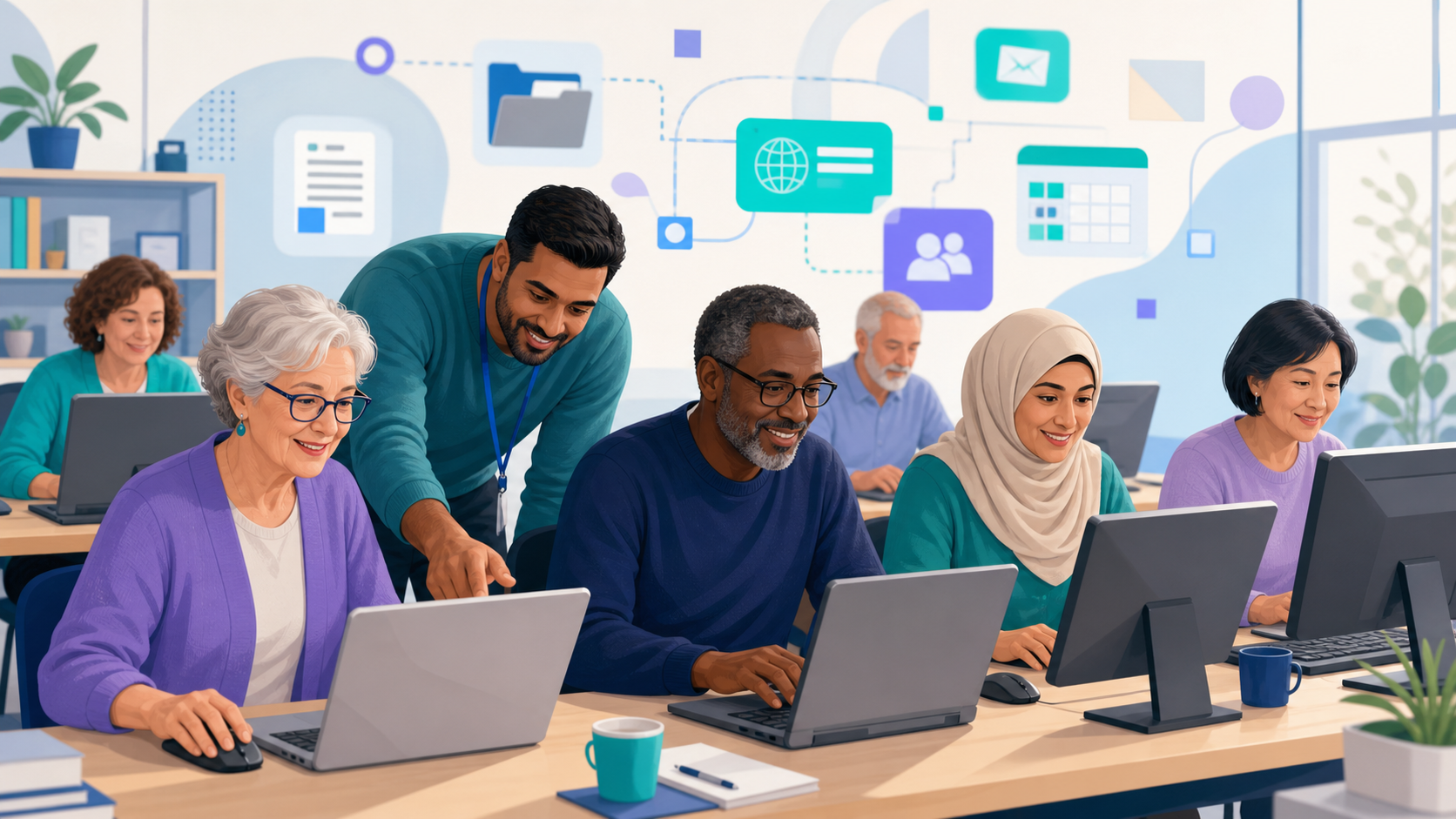 Diverse adult learners building practical computer skills through the Computer Literacy Class initiative
