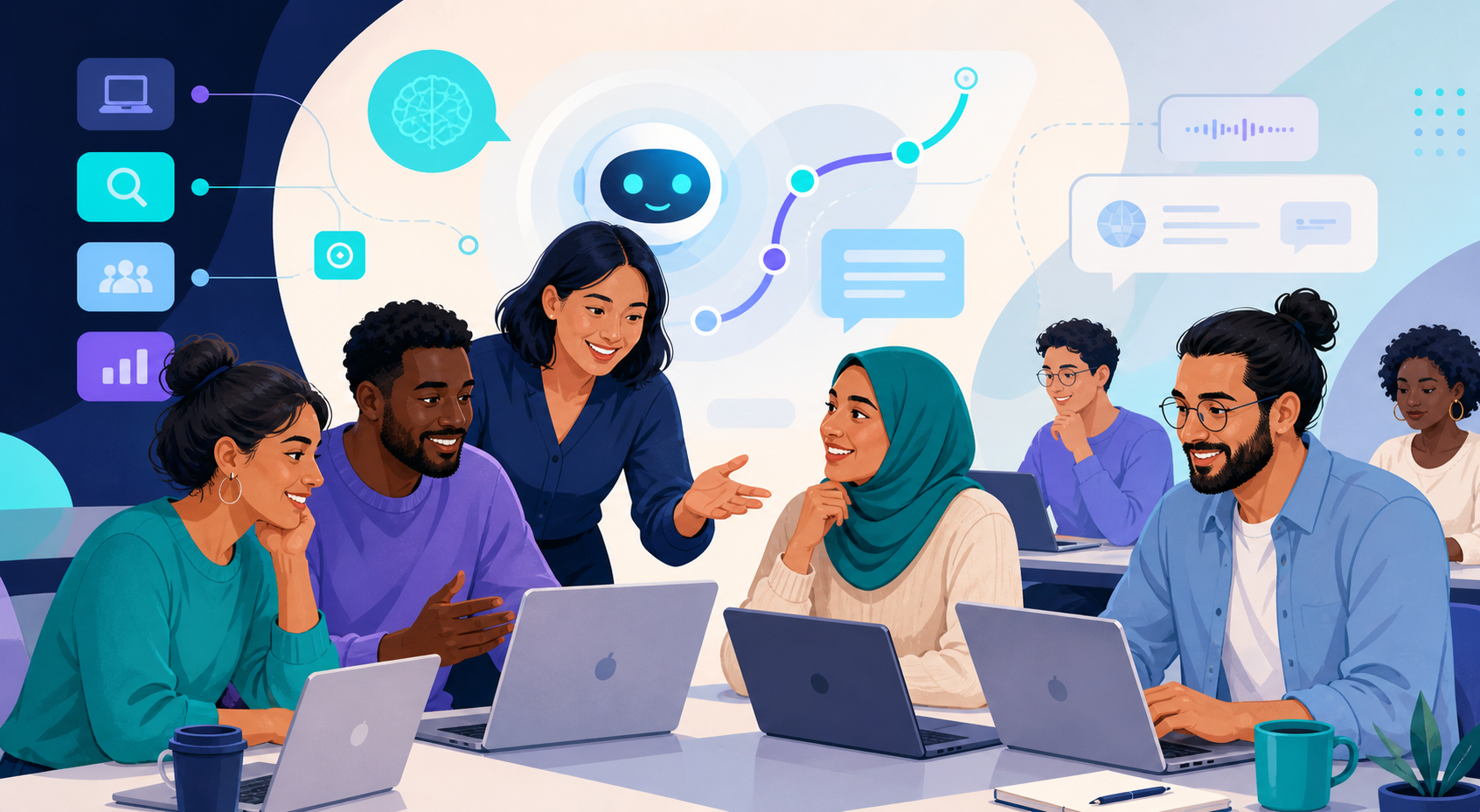 Diverse adult learners building practical AI and digital skills through the HelloAI project